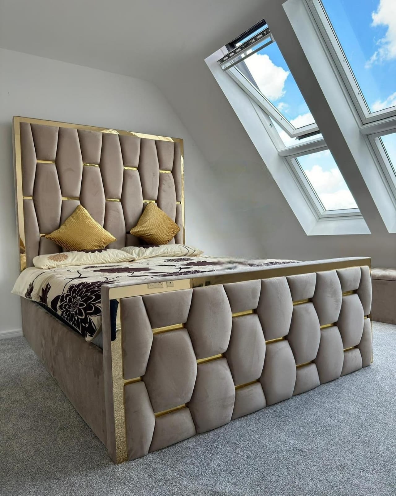 Taupe Hexagonal Luxurious Bed with gold trim